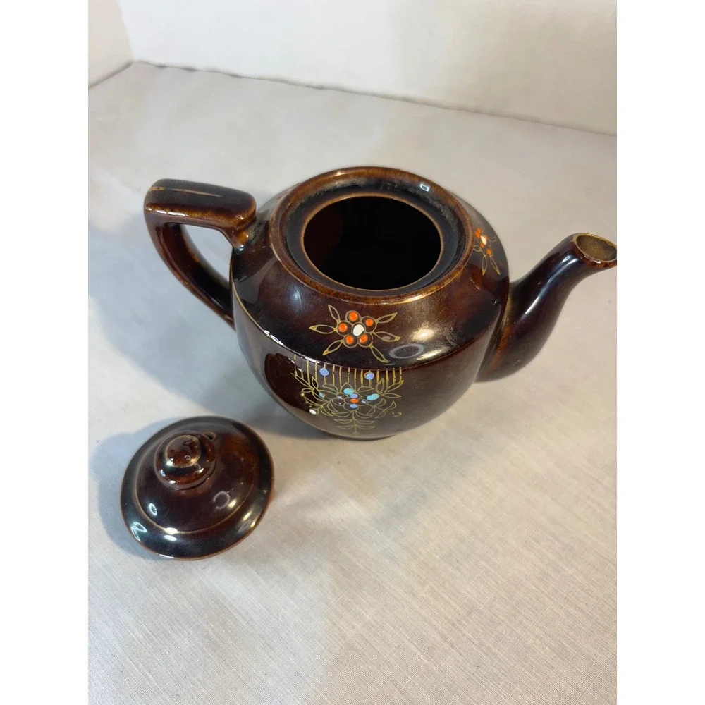 Vintage Brown Ceramic Teapot with Floral Design Mini Small Charming Accent Piece